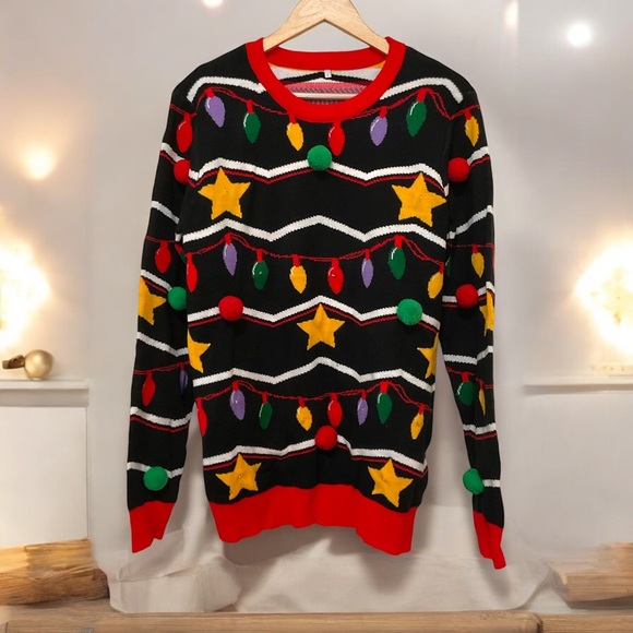 LED Multi Color Lighted Ugly Knit Christmas Sweater Lights Stars Unisex L - Picture 1 of 14